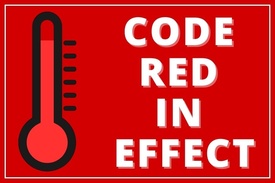 A thermometer indicating high temperature with text reading 'Code Red in Effect'