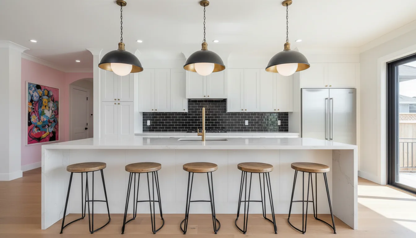 DSLR photograph of a luxurious modern kitchen, eye-level shot. A long white quartz waterfall island and breakfast bar is in the foreground, lined with five rustic bar stools with circular light wood tops and thin black metal hairpin legs. The kitchen background features clean white shaker cabinets, a backsplash of glossy black elongated hexagonal tiles, and a built-in stainless steel refrigerator. Three large vintage pendant lights with black metal domes, brass fittings, and white glass globes hang over the island. The space is illuminated by bright natural daylight from a large glass door on the right and recessed ceiling lights. Details include a brushed brass gooseneck faucet, light hardwood floors, and a distant pink accent wall with a colorful abstract painting. The image has a sharp focus and a bright, airy atmosphere.