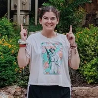 Caroline Vincent in a Leia shirt in front of a vaporator at Galaxy's Edge