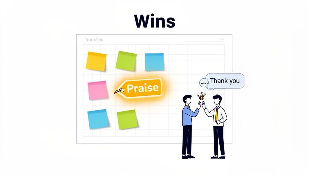 Two cartoon men high-fiving with 'Wins' and a 'Praise' tag surrounded by colorful sticky notes.