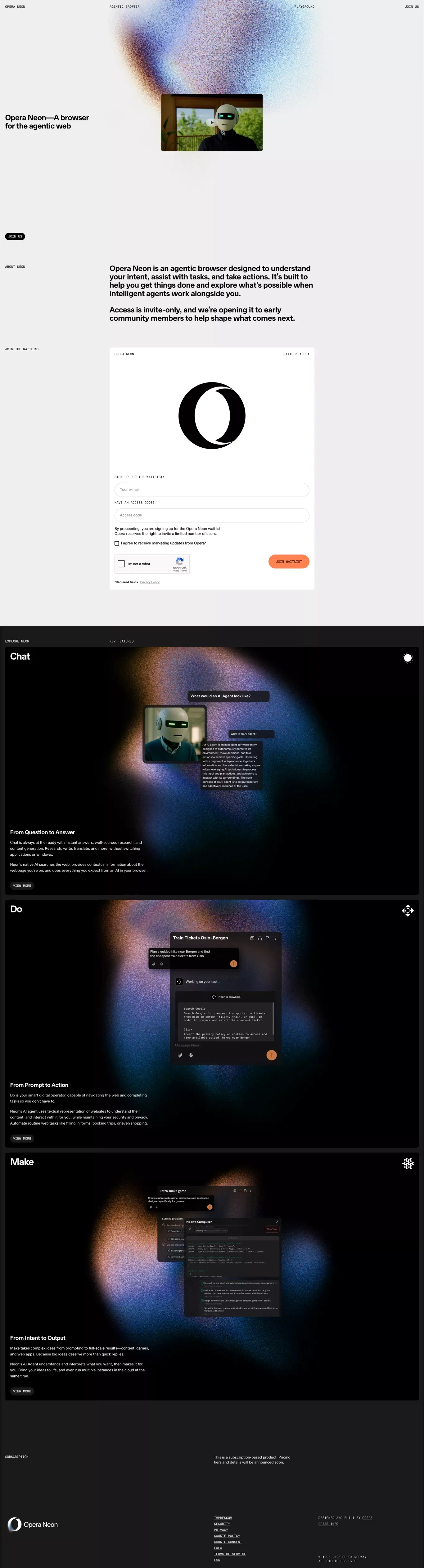 Opera Neon landing page screenshot showcasing Tech design