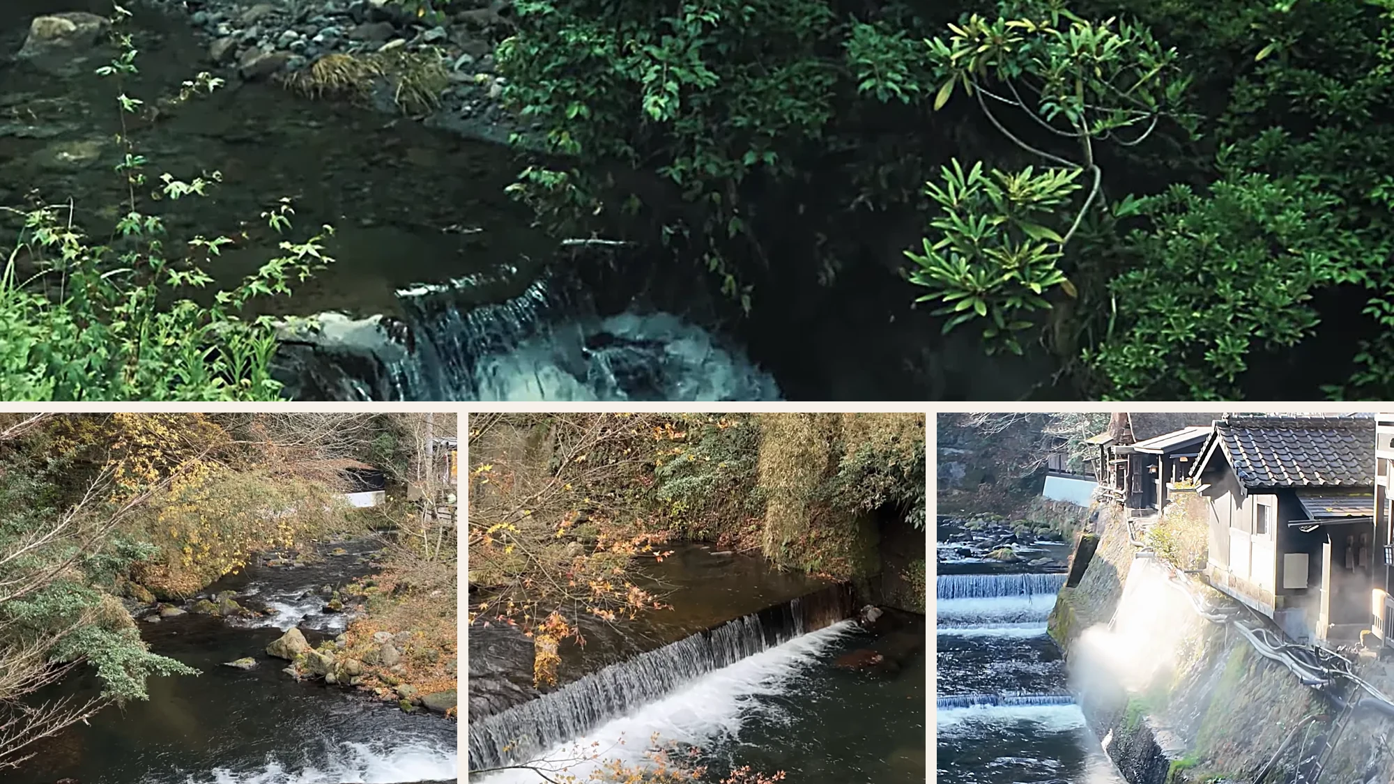 A green cascade near Kurokawa Onsen above three river scenes: autumn water, a weir, and a steaming riverside bathhouse