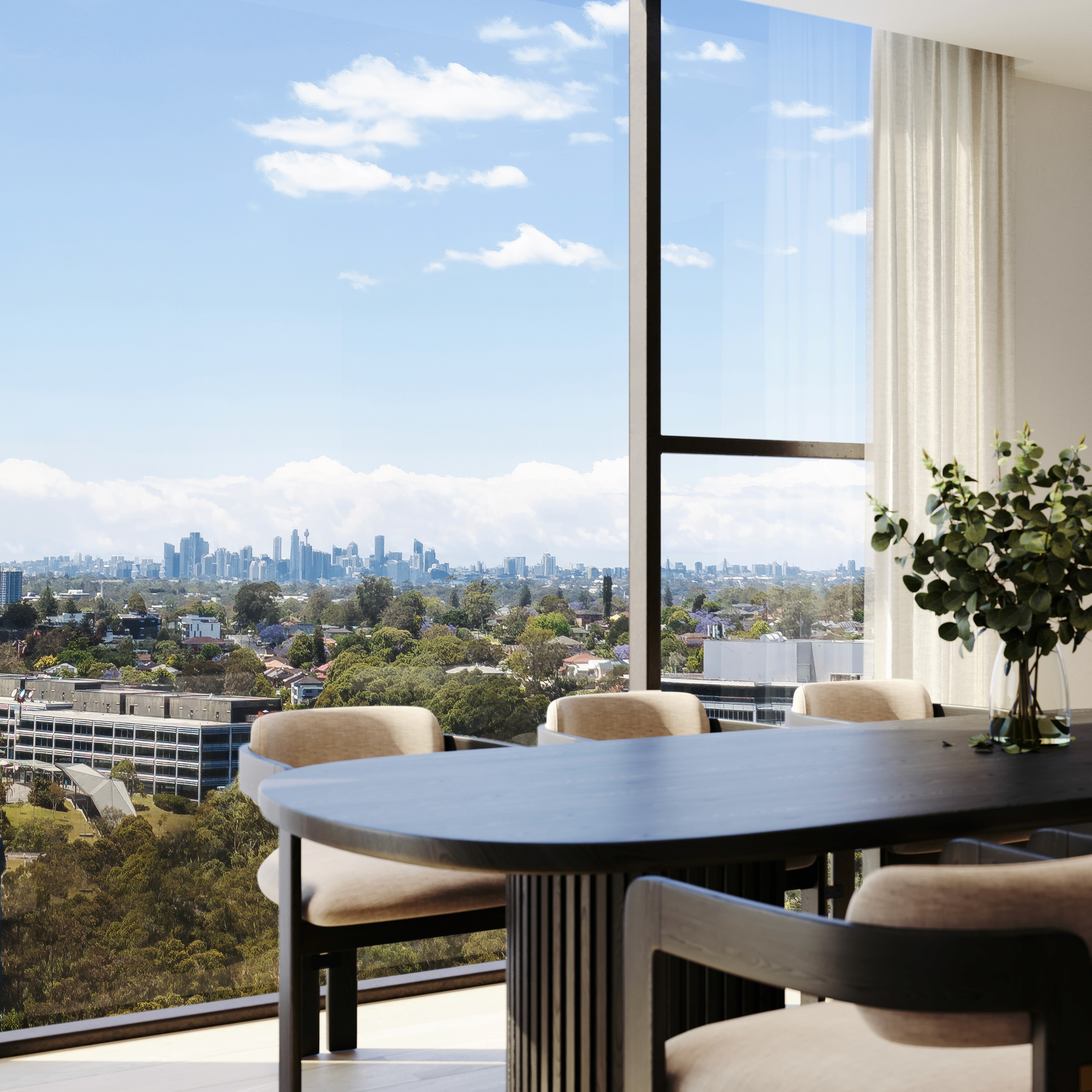Coposit, Buy with $10K, Off the Plan Sydney. Macquarie Rise living and dining space showcasing panoramic city skyline views through floor to ceiling windows.