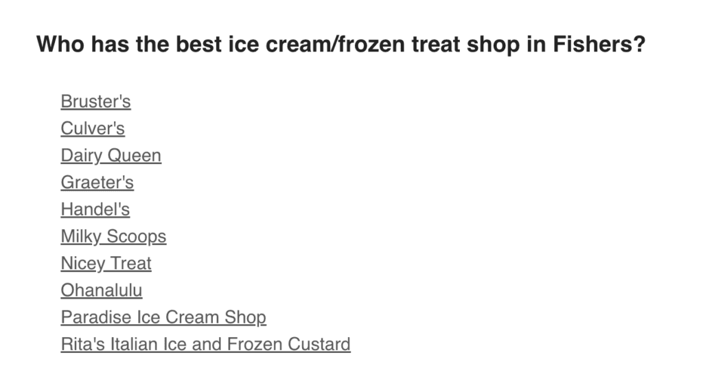 The list of Ice cream shops in Fishers for the best ice cream in fishers poll