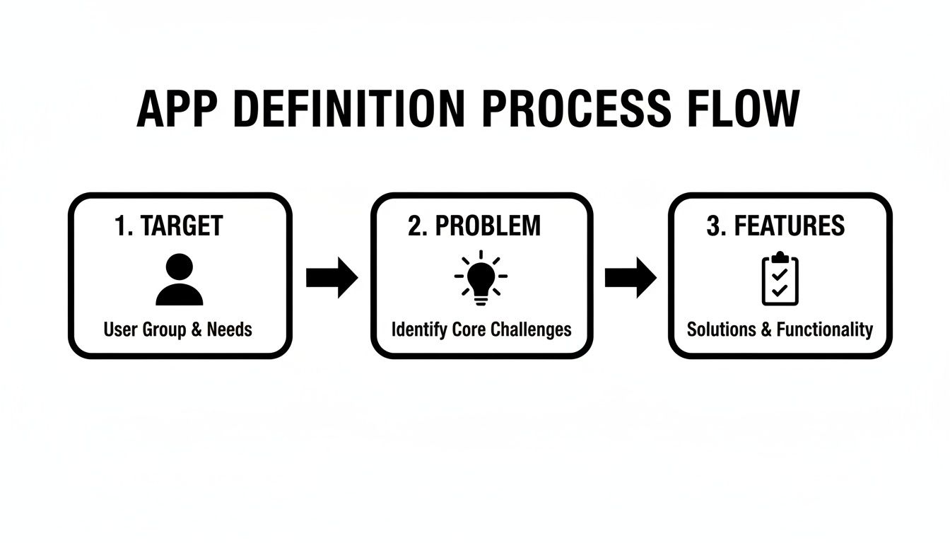 Infographic showing the app definition process flow from identifying the target user, to defining the problem, and then listing features.