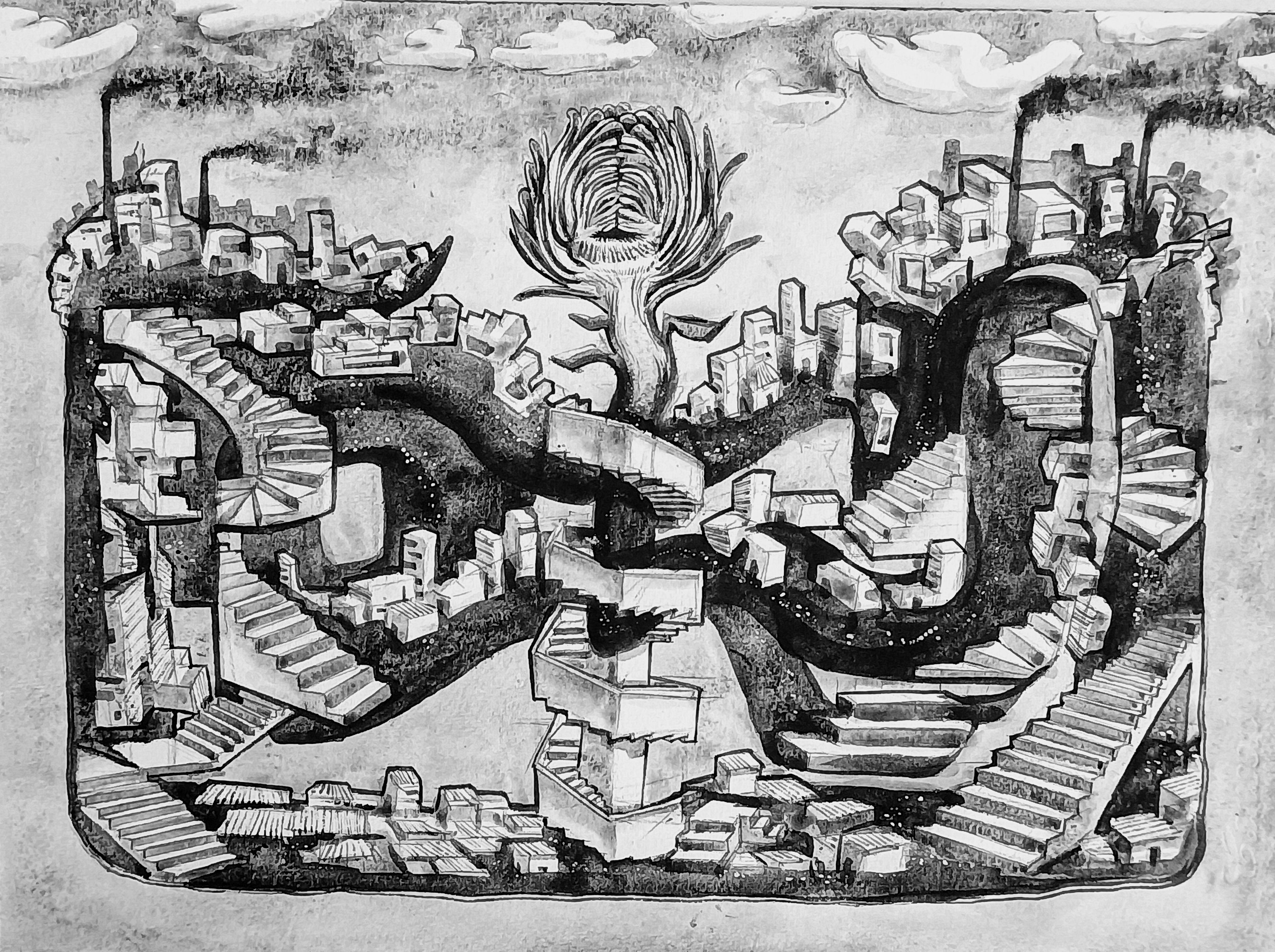 herd of sheep on road painting