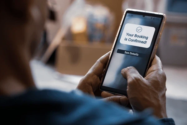 Man hoding a mobile phone with the screen saying "Your Booking is Confirmed"