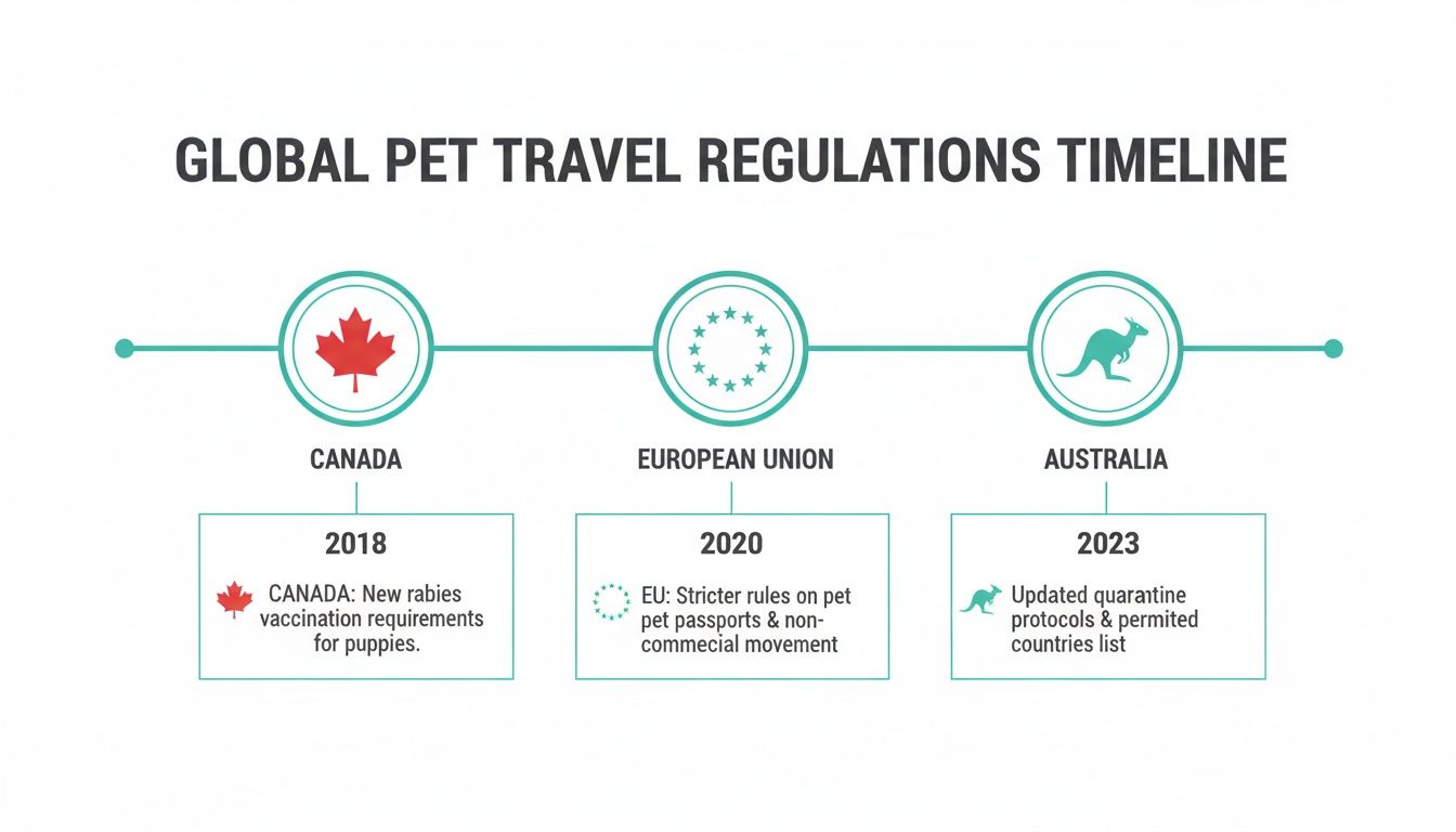 Timeline showing global pet travel regulations updates for Canada (2018), EU (2020), and Australia (2023).
