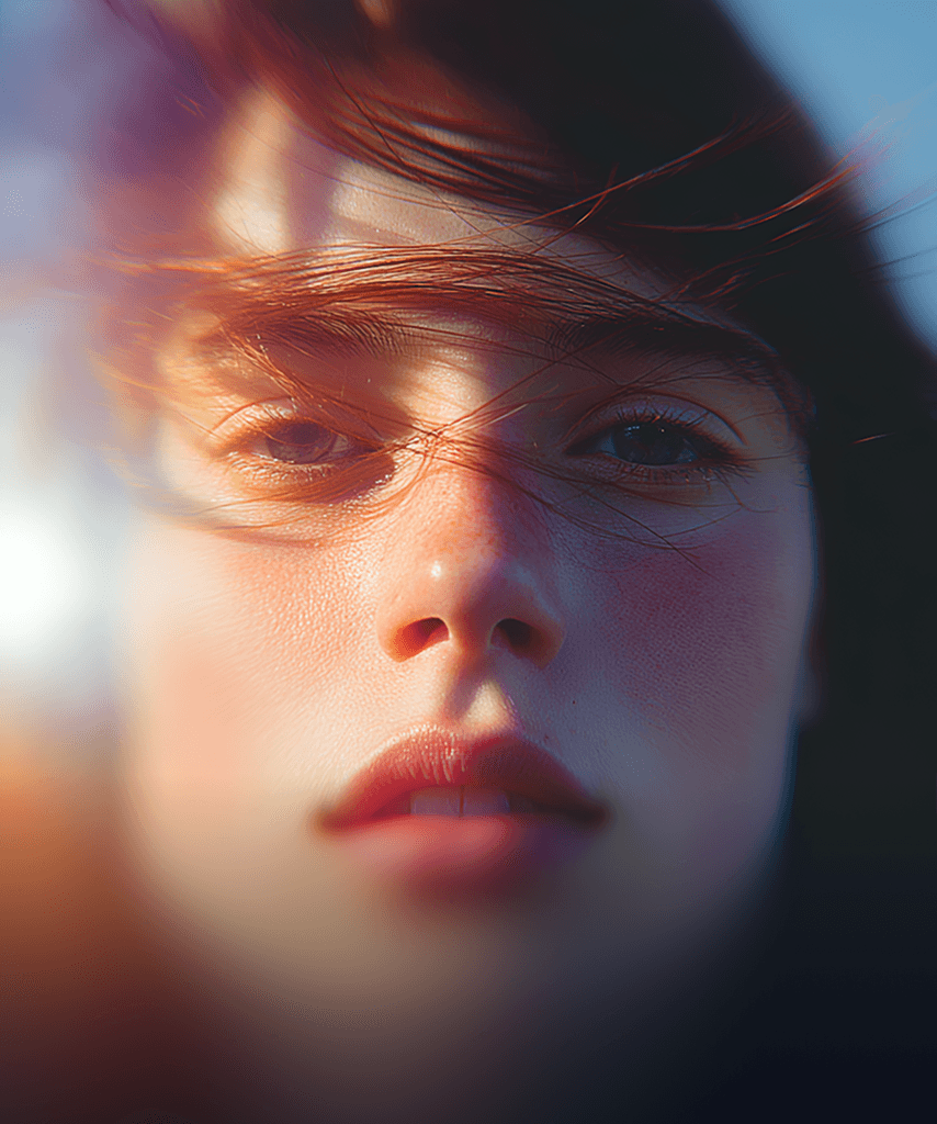 A woman with long hair stands in front of a bright sun, creating a warm and radiant atmosphere.