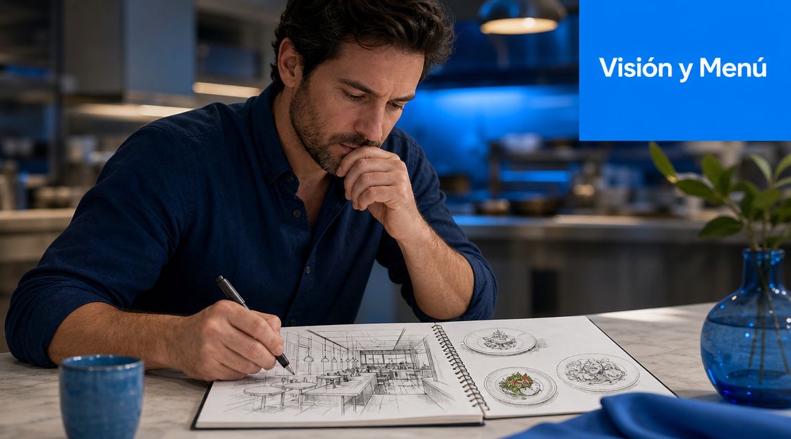 Chef profesional diseñando el concepto de un restaurante y su menú en un bloc de notas.