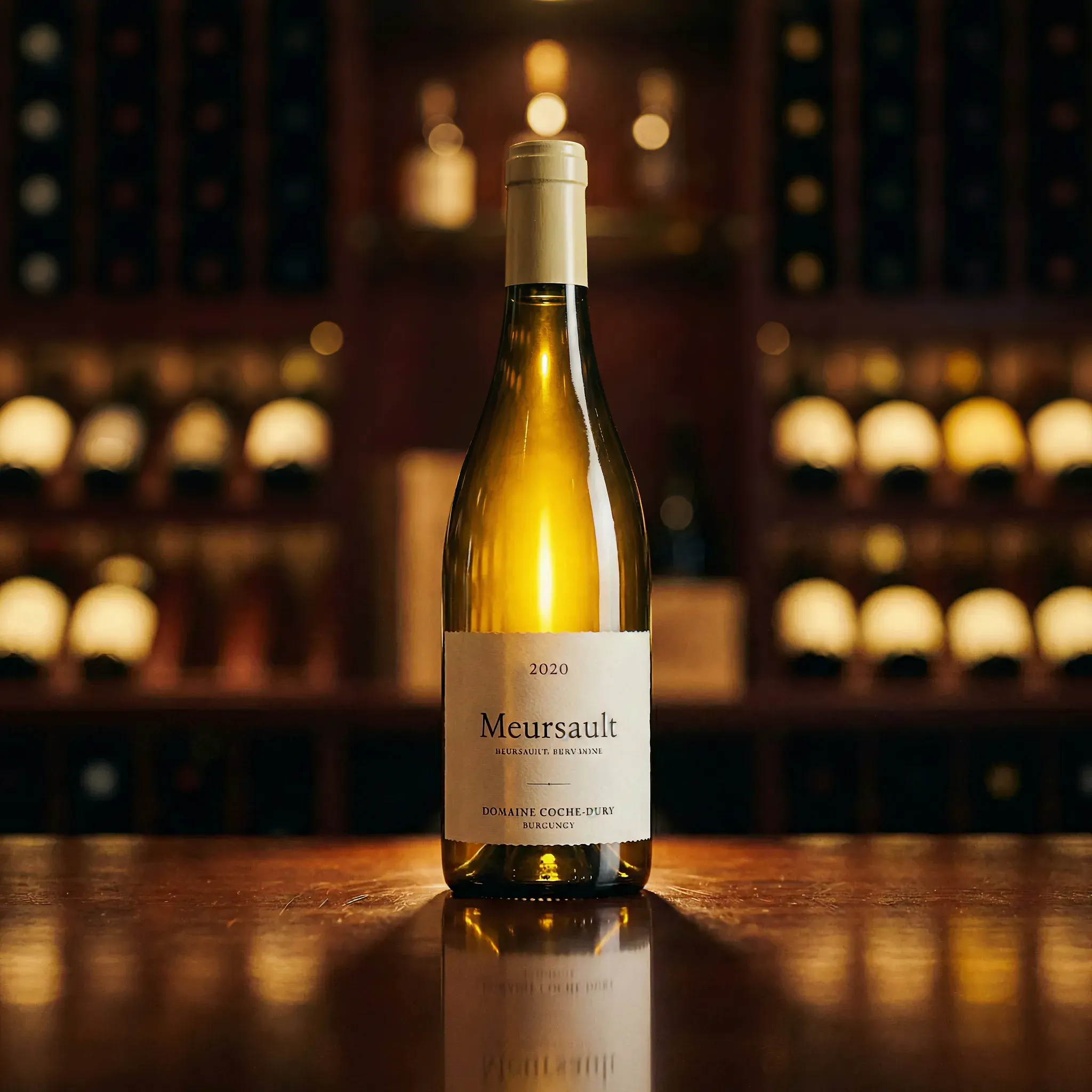 A bottle of Meursault wine rests on a wooden table in a dimly lit cellar. Shelves filled with wine bottles create a warm, sophisticated ambiance.
