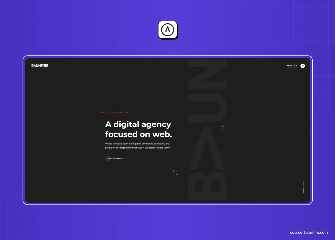 Bawnbfire digital agency website with a dark minimalist layout and the headline “A digital agency focused on web.”