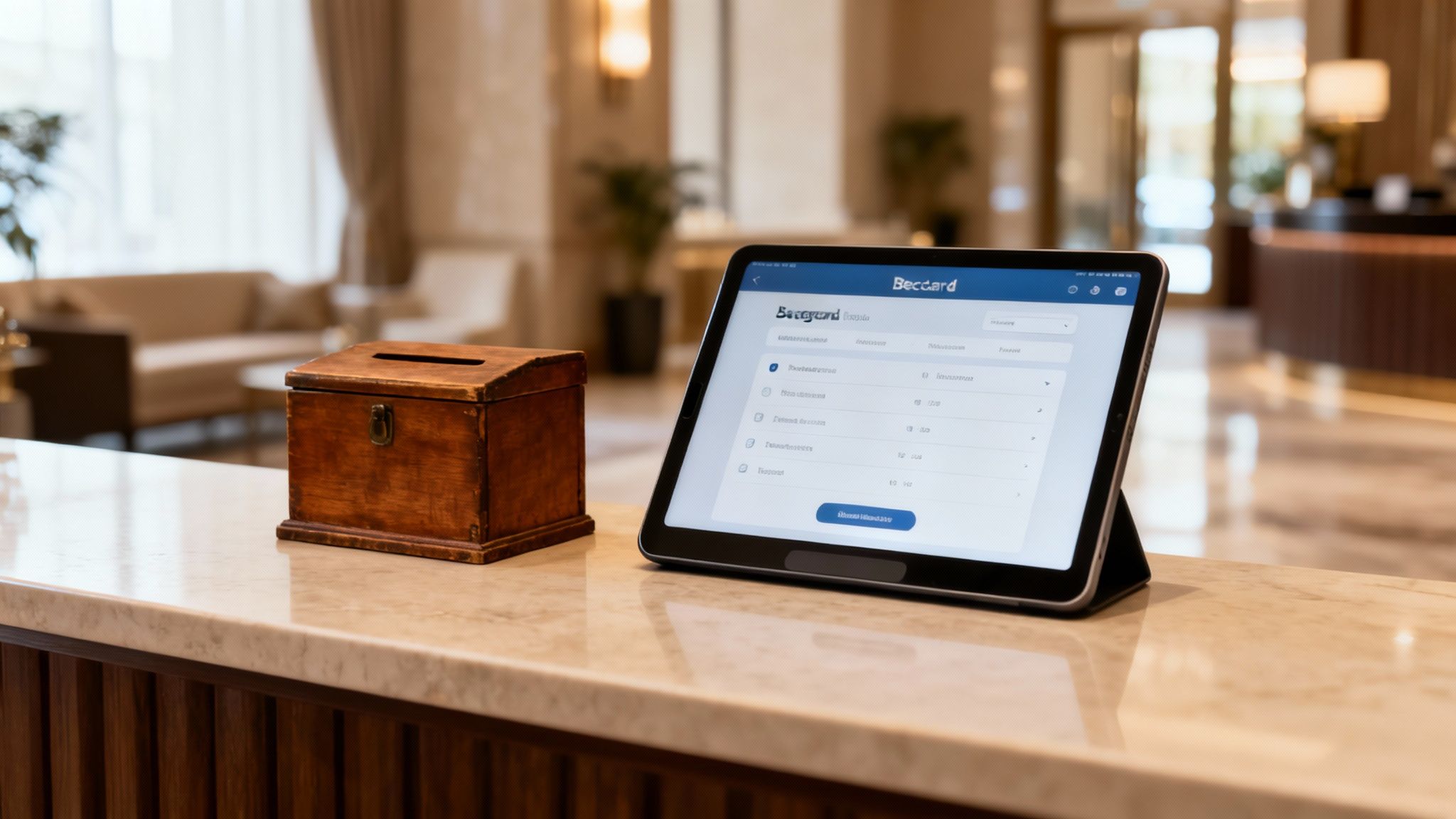 A wooden box and a tablet displaying a customer feedback system on a hotel reception desk.