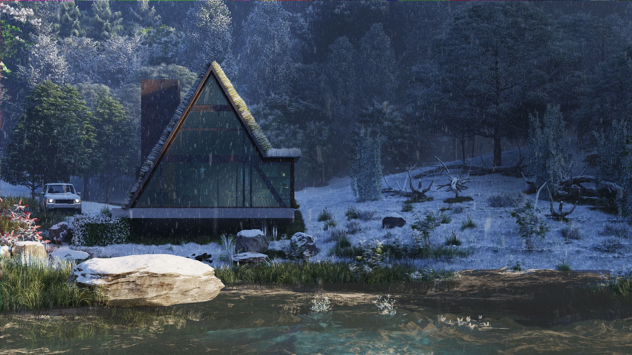 A snowy house surrounded by trees and a pond.