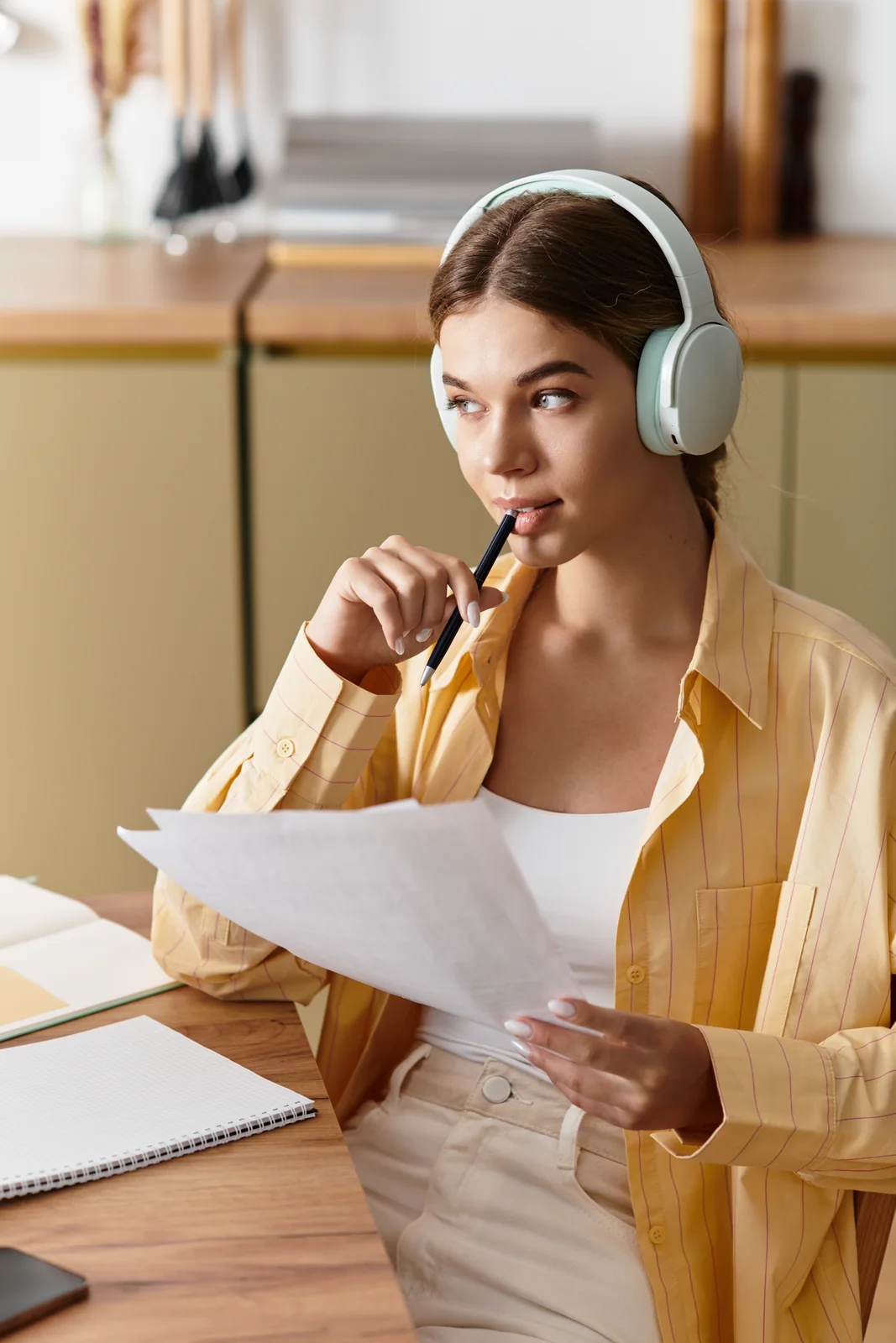 Woman Studying with Headphones at Wooden Desk