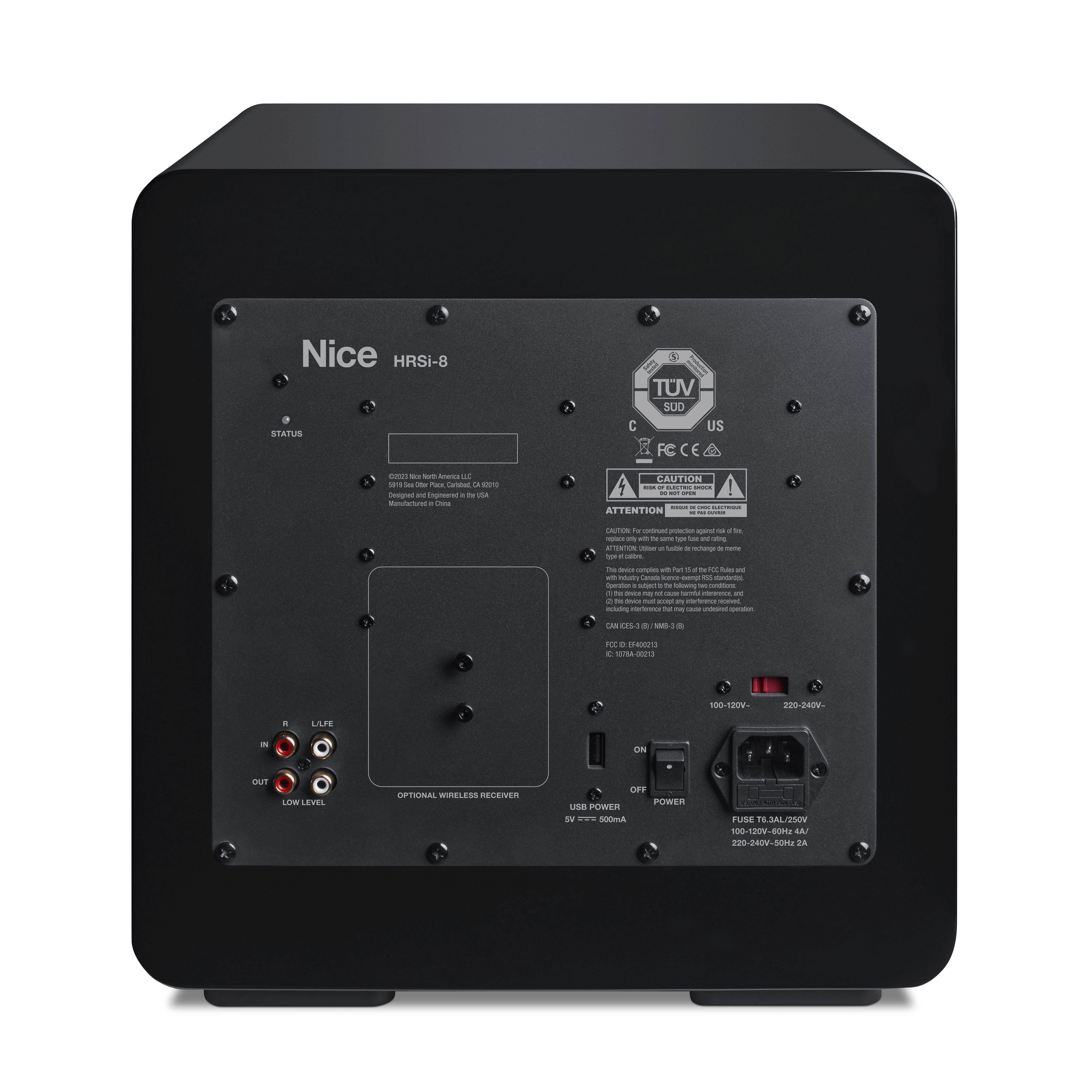 Back panel of a black Nice HRSi-8 subwoofer.