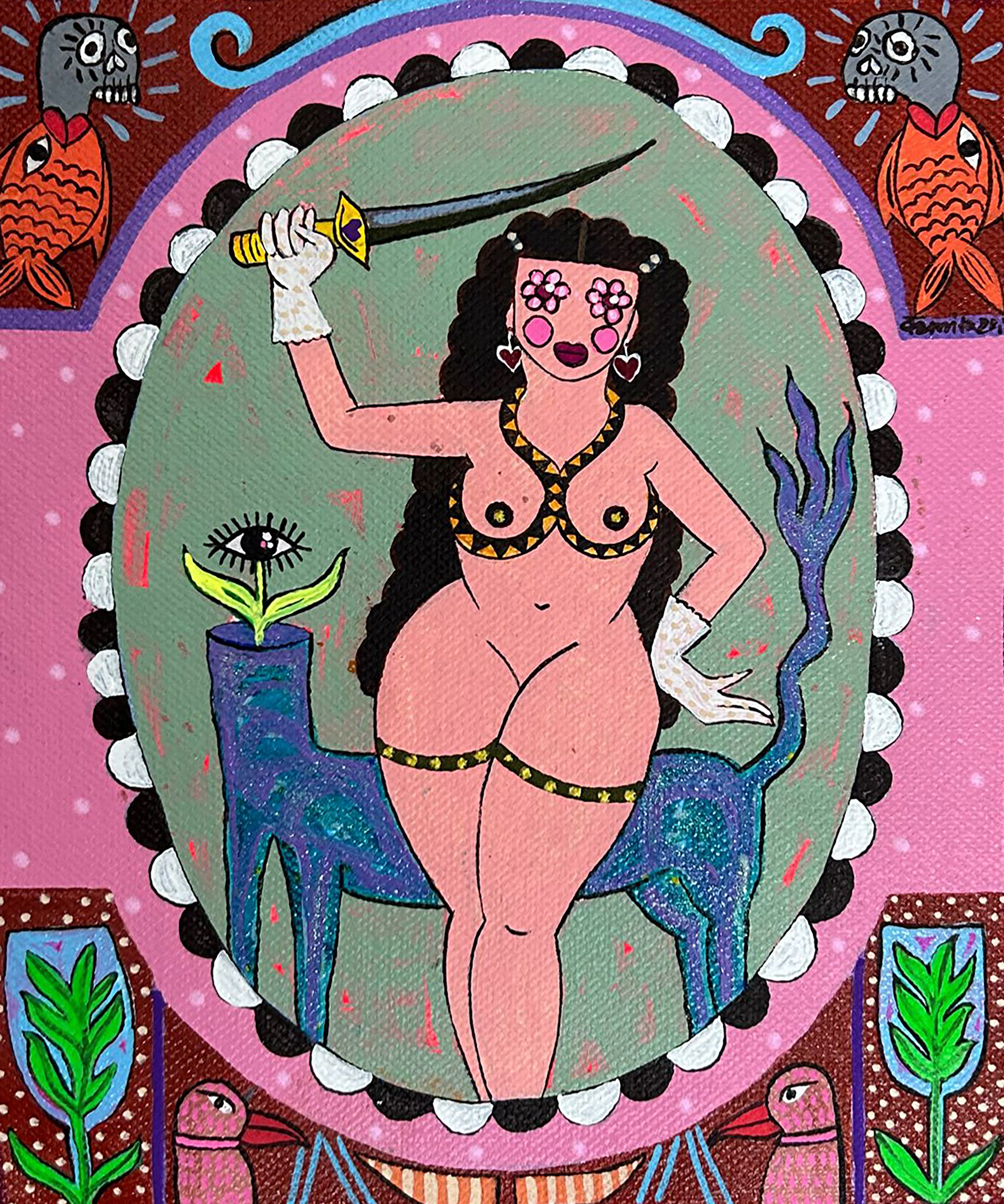 herd of sheep on road painting