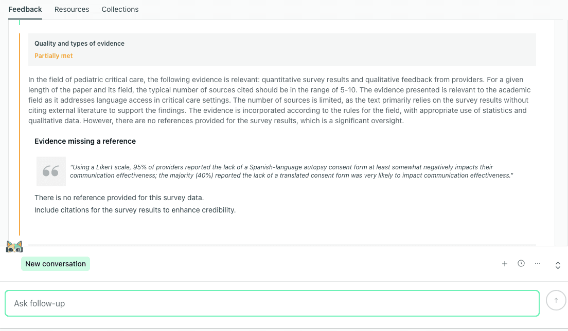 A screenshot of the thesify feedback interface showing an audit for "Quality and types of evidence." The system indicates "Partially met" and flags a specific quote regarding survey data as "Evidence missing a reference," prompting the student to include citations to enhance credibility.