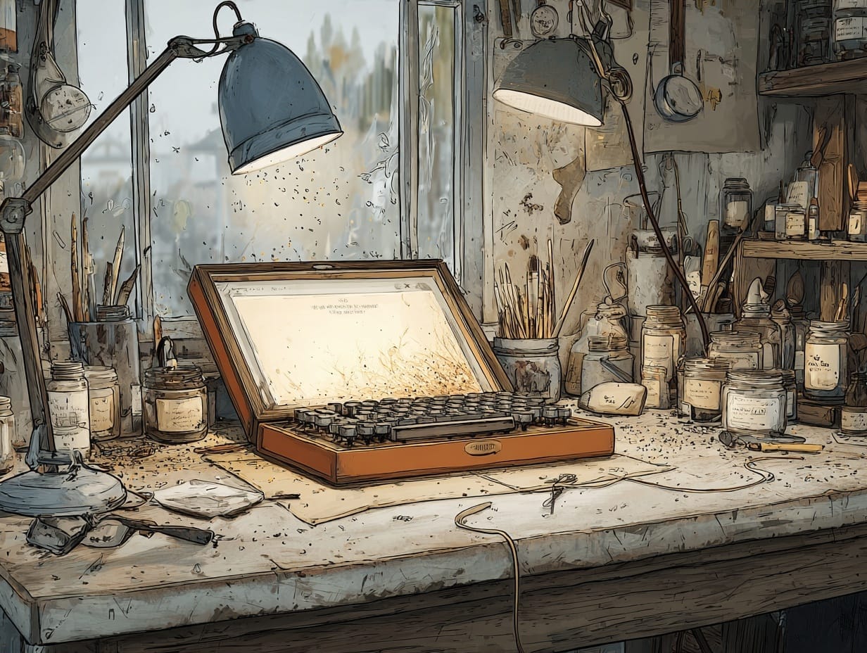A distraction-free writing device on a wooden workbench, glowing softly in warm light.