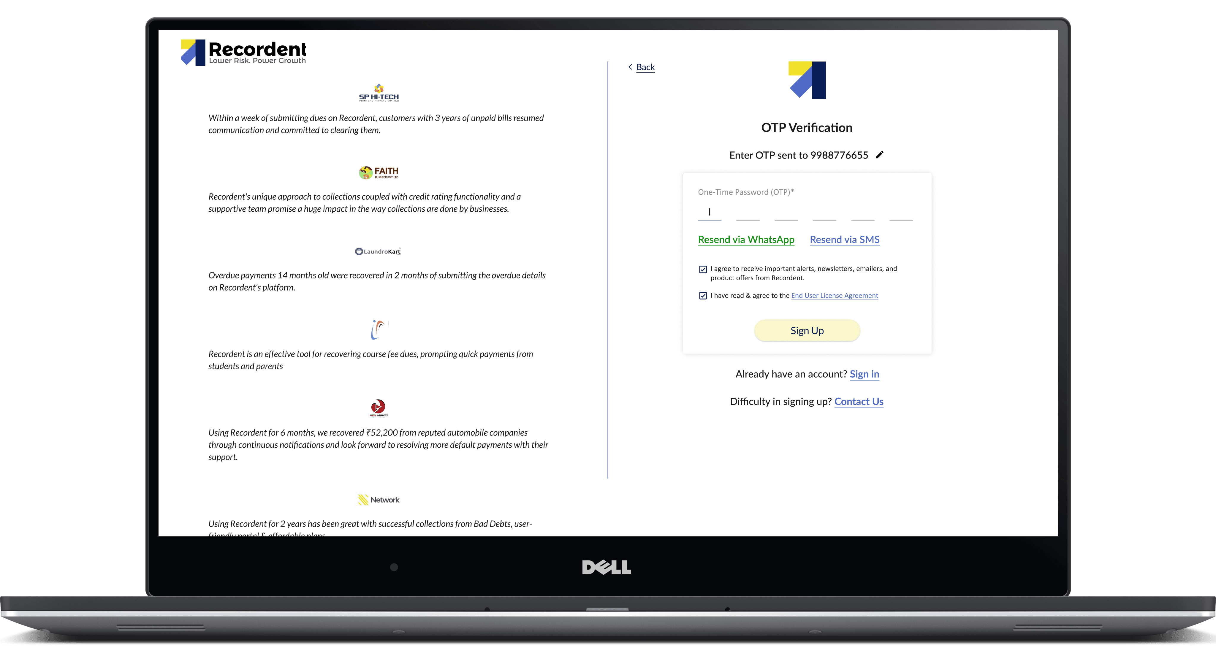 When the timer hits 0:00, prospect can request for OTP again via SMS or a WhatsApp text
