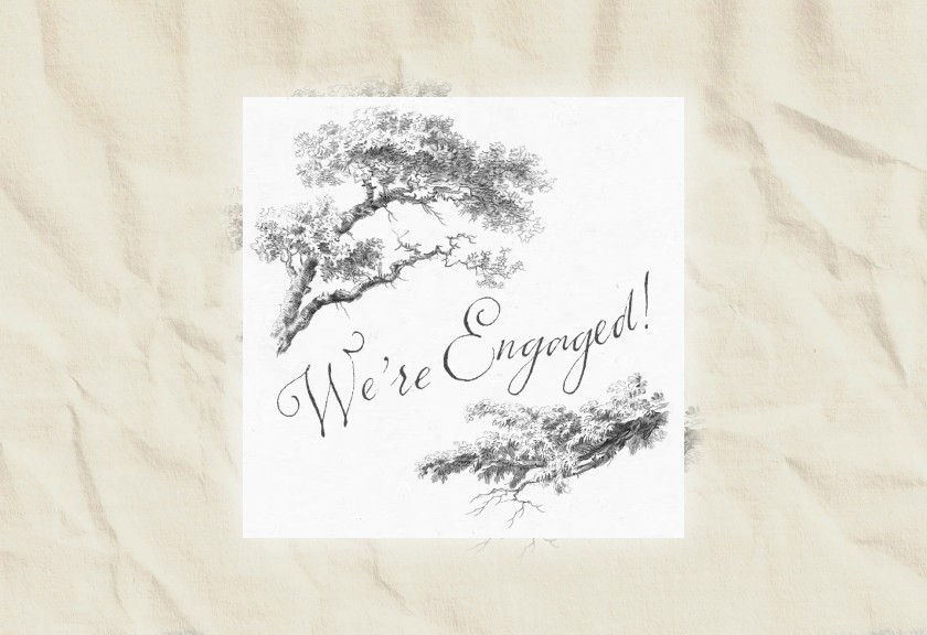 Timeless black and white engagement invite with classic tree illustration and calligraphy