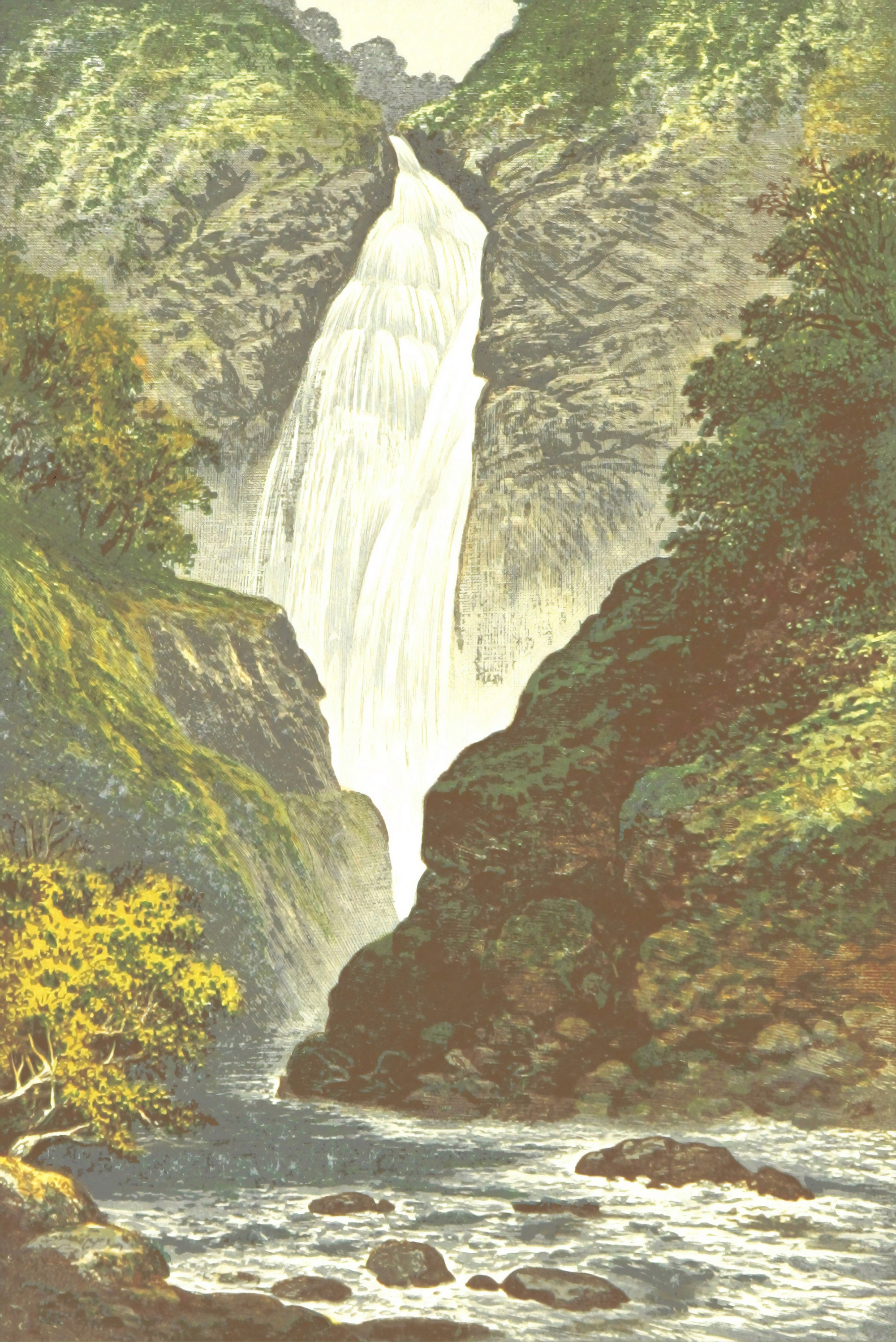 A vintage illustration of a majestic waterfall surrounded by lush greenery