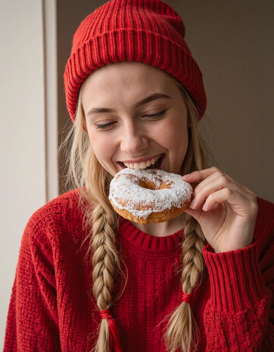 Young woman in red knit beanie and sweater smiling while holding powdered sugar donut in warm natural lighting