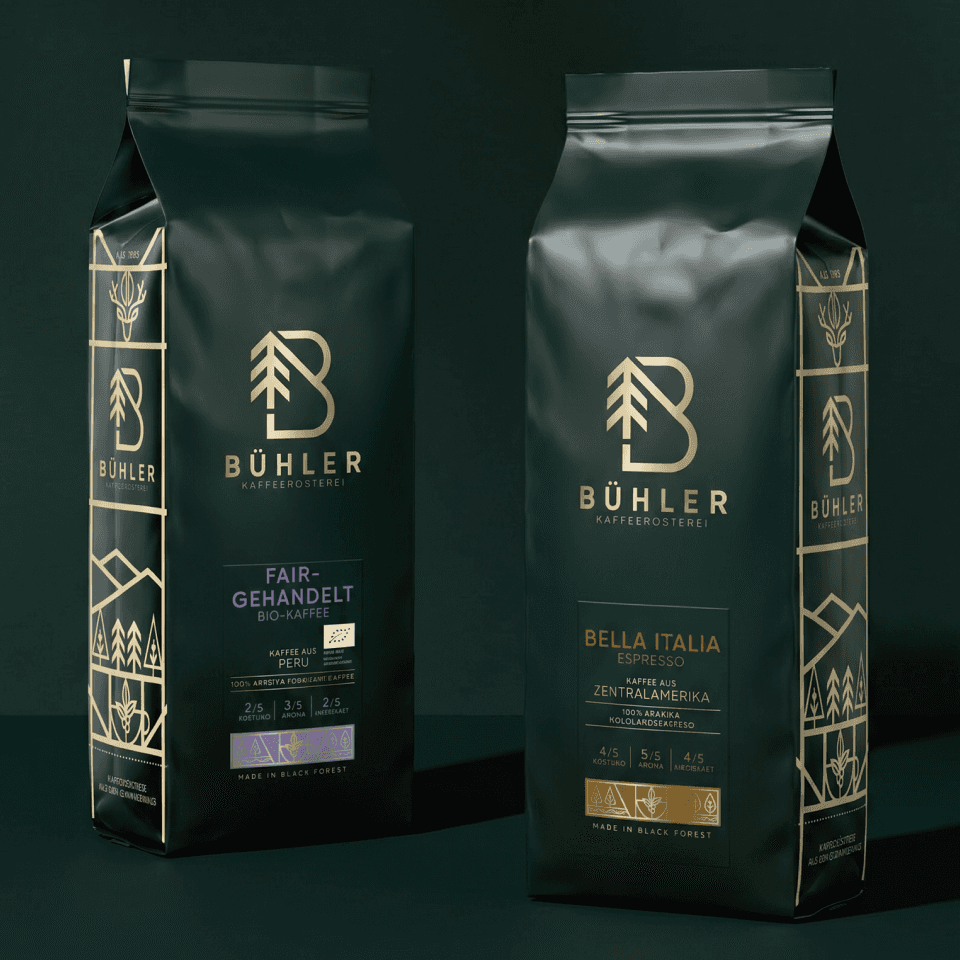 Bühler Caffè Detail – Verpackungs-Closeup mit Logo und Sortenangabe
