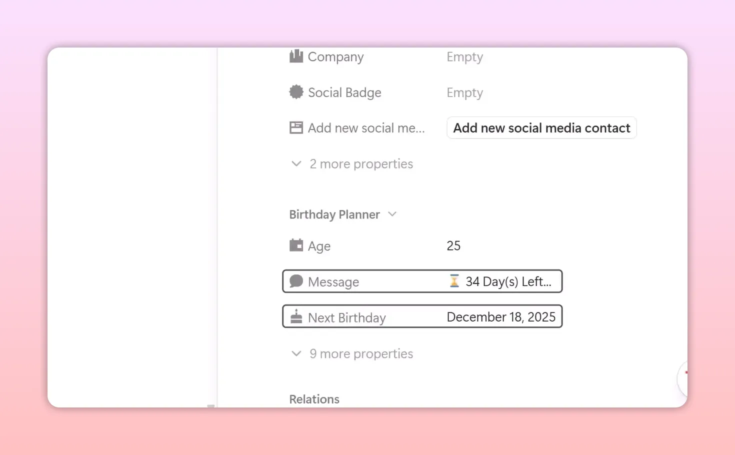 Social Hub contact card showing birthday planner fields including age, birthday month, and next birthday