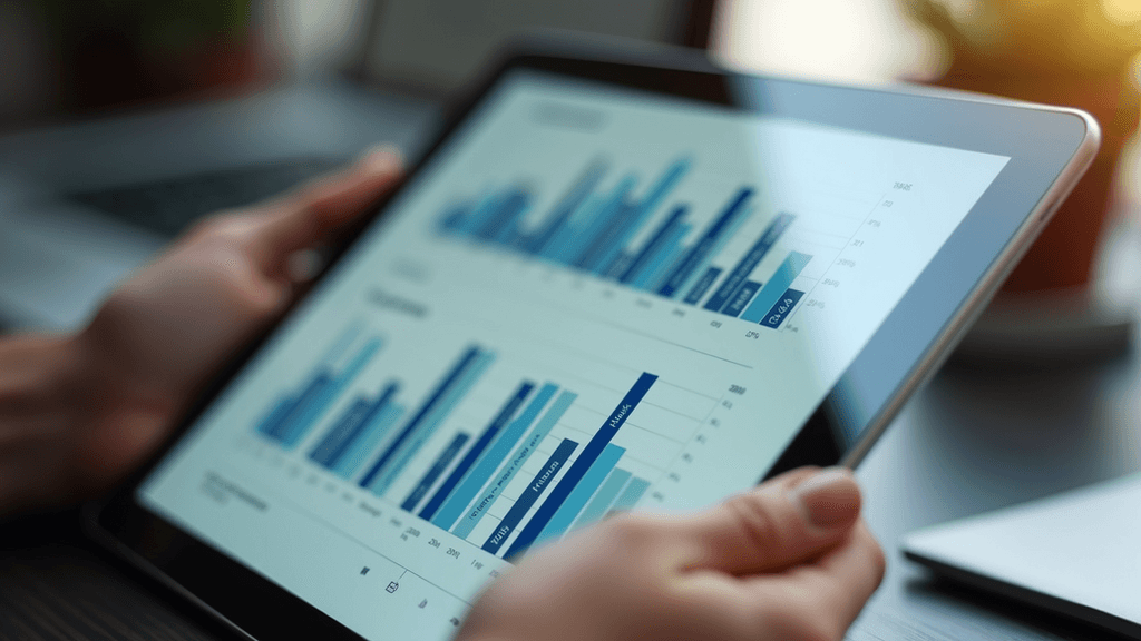 Close-up of a tablet displaying social media marketing graphs