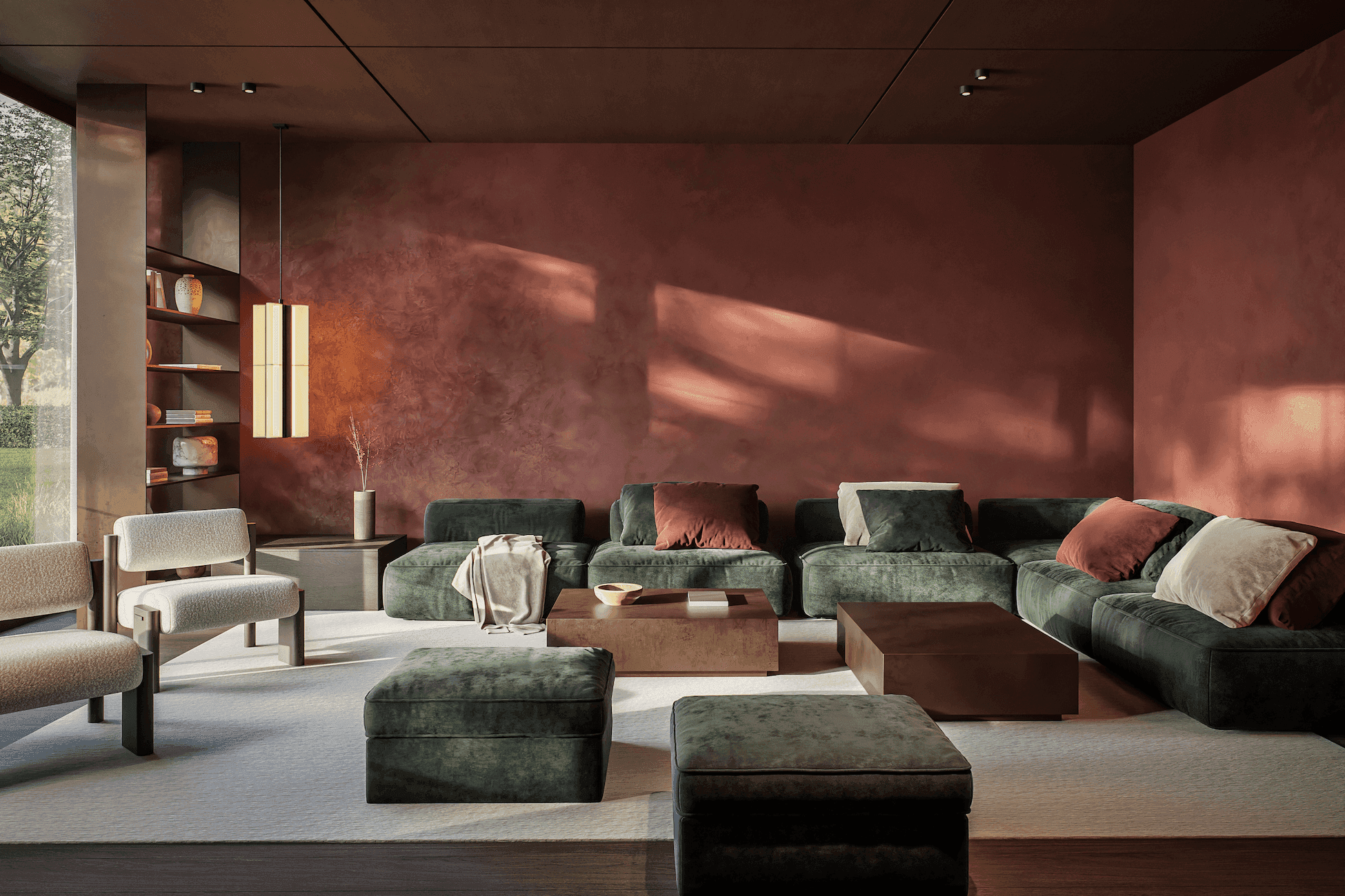 Child walking on a wooden beam with a large tree and swing nearby in a courtyard of modern wooden houses, while another person adjusts a bicycle.