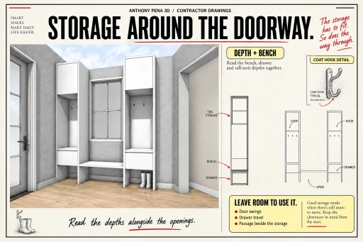 Mudroom storage with two tall units, a central bench and a window, beside cabinet elevations and a coat-hook detail.