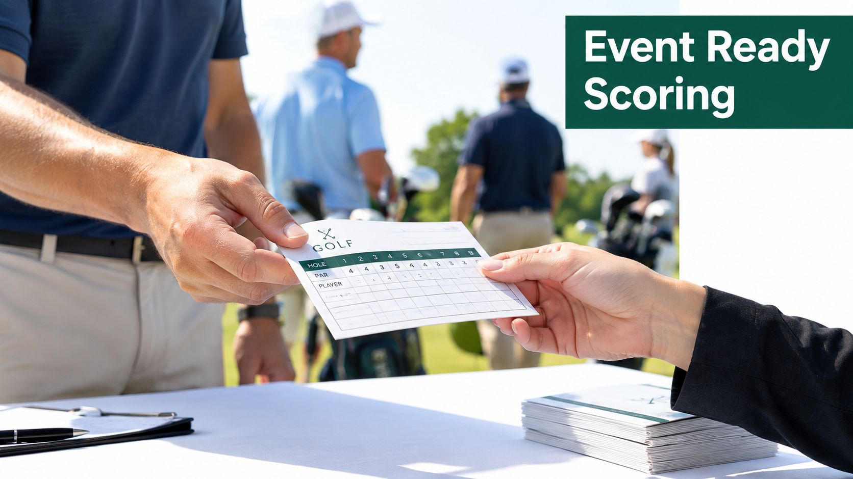 A person handing a custom golf scorecard to another person at an outdoor event check-in desk.