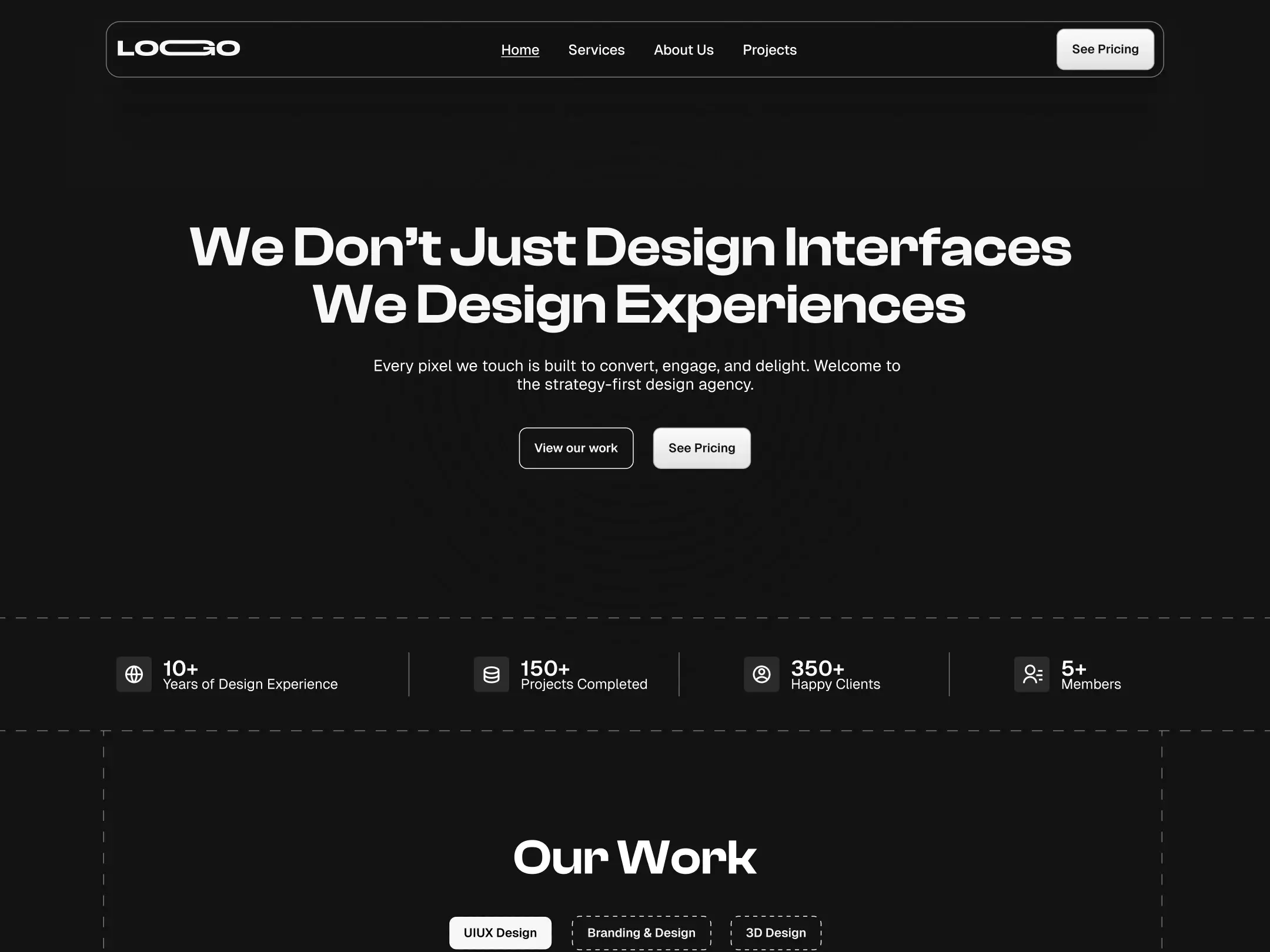 Loco's website homepage. Headline: We Don't Just Design Interfaces, We Design Experiences. Buttons: Take a look & Start Printing. Stats on design experience, projects, clients & awards.