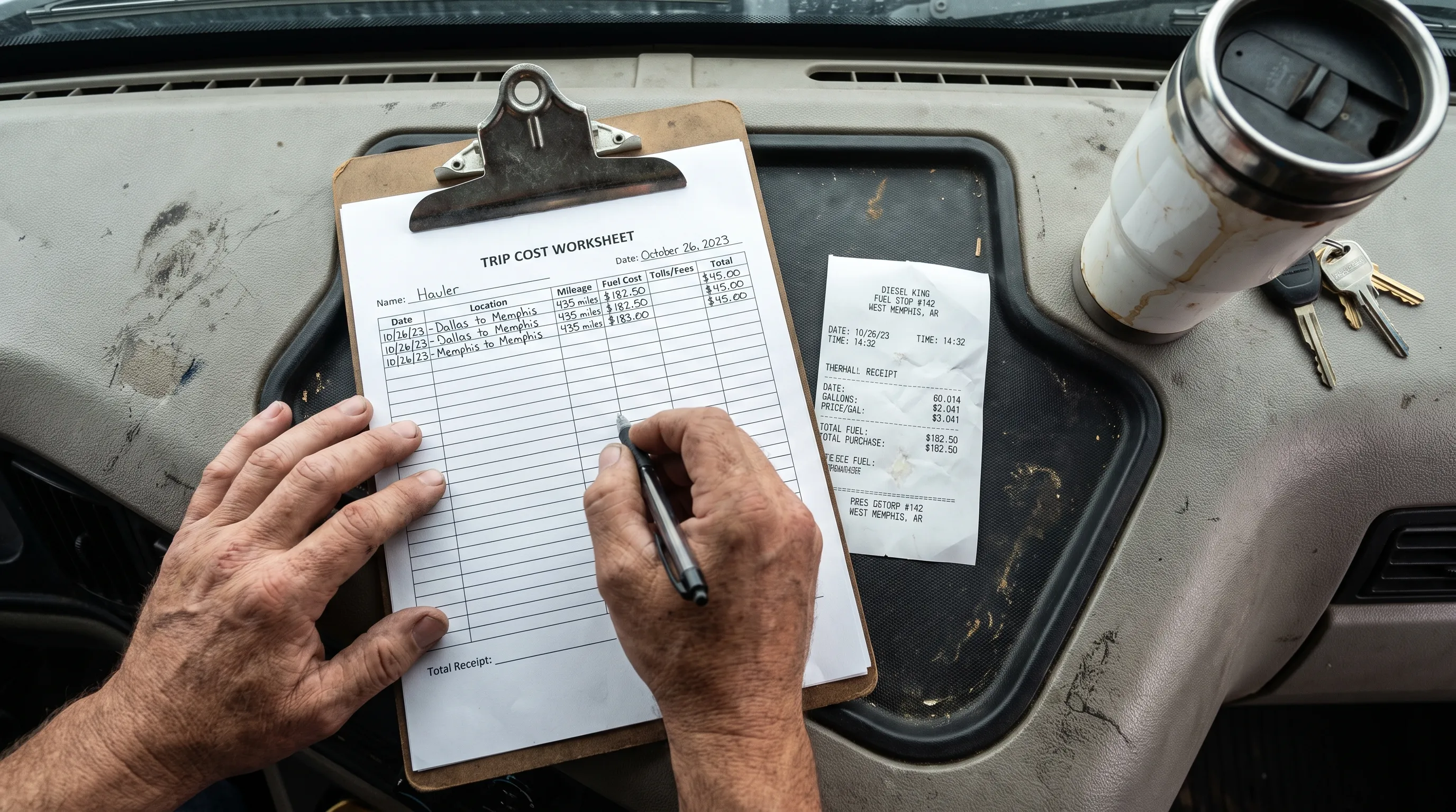 A close overhead view of a hauler’s hands checking a completed trip-cost worksheet with mileage and expenses beside a fuel receipt on a truck cab work surface.