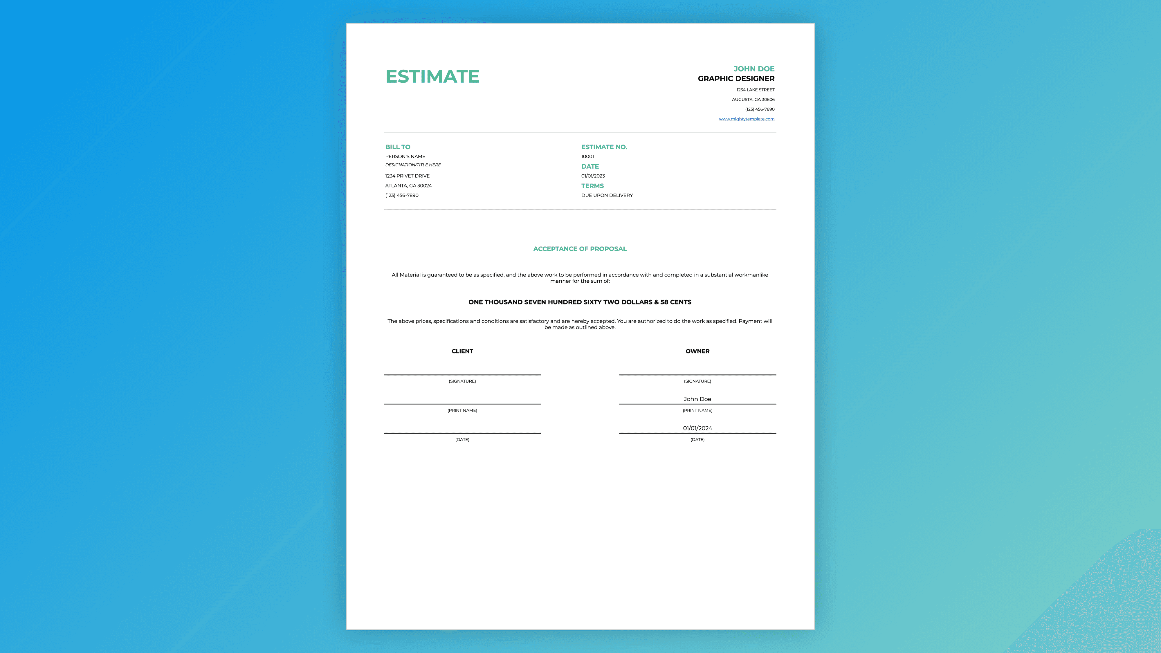 Professional estimate template with acceptance of proposal – bill to client, terms, total amount in words, signature lines for client and owner, and due upon delivery