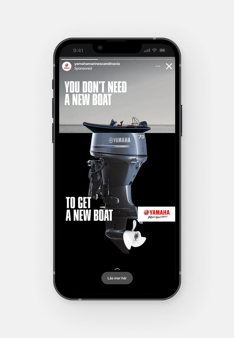 iPhone mockup displaying Instagram Stories of a Yamaha Motors Scandinavia marketing campaign: close-up of the boat’s engine.