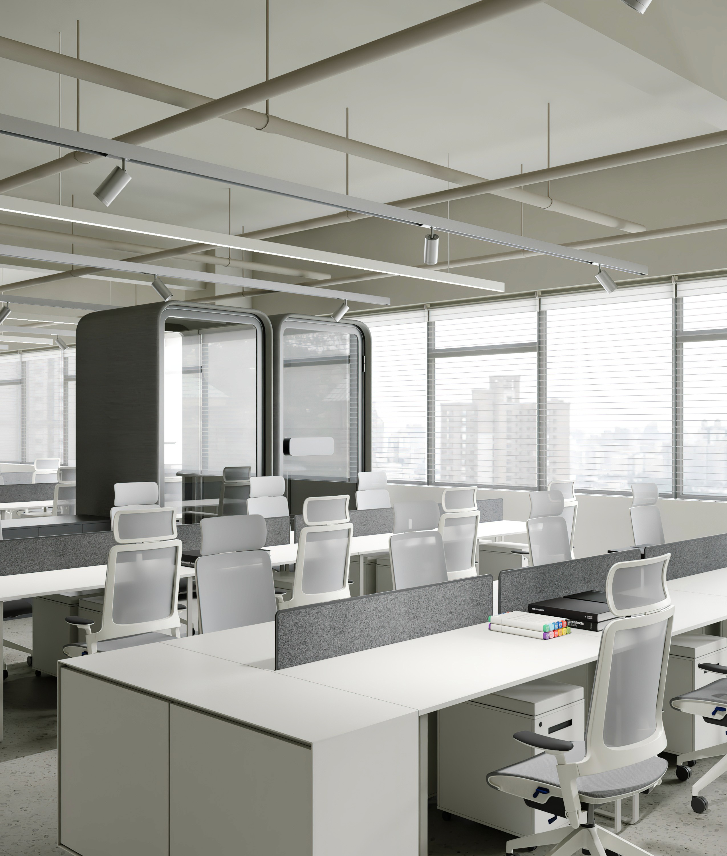 Minimalist office pantry design with marble-top island and contemporary pendant lighting