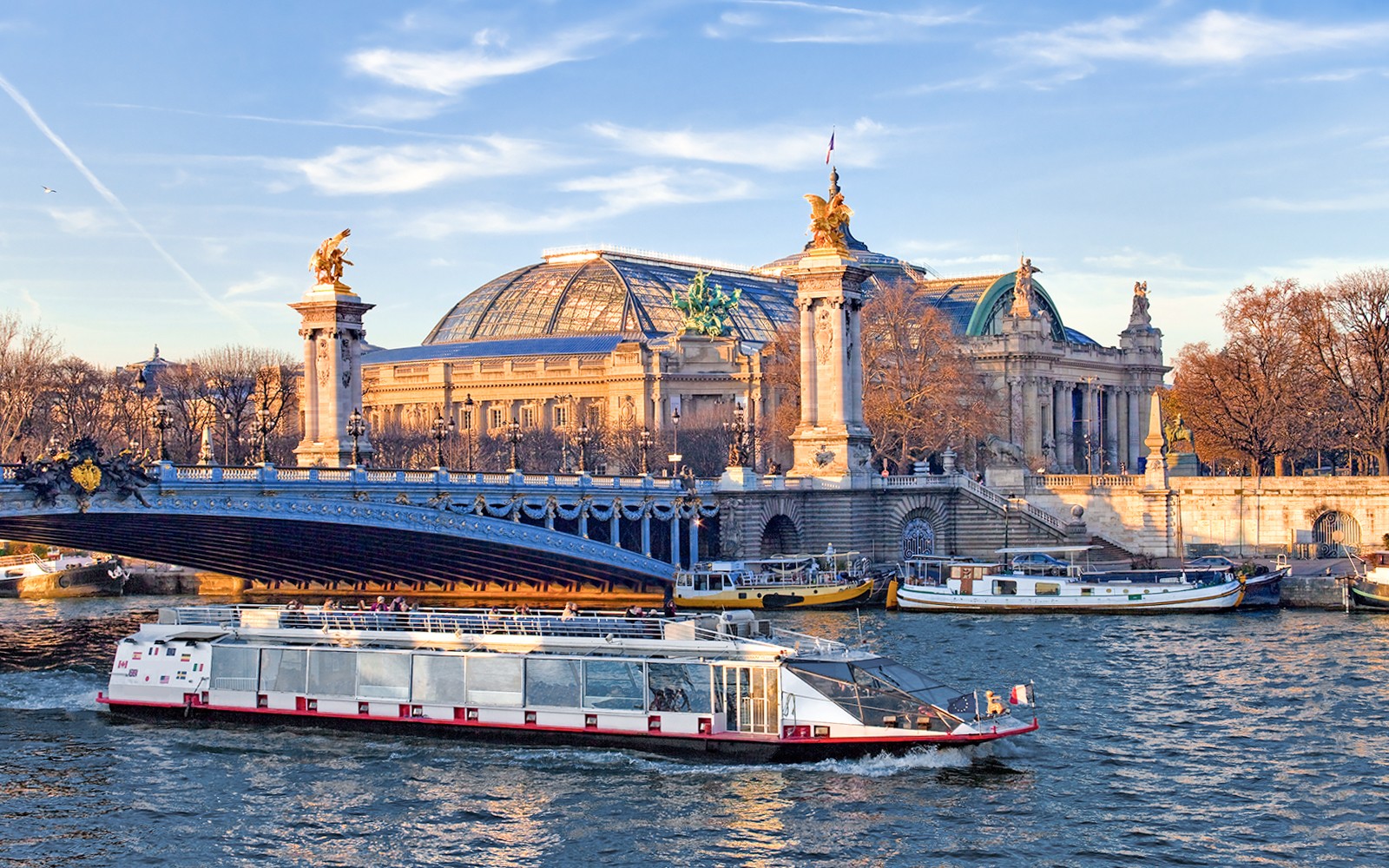 塞納河的遊船在巴黎的亞歷山大三世橋下經過。