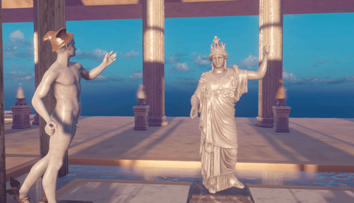 This image displays two classical statues within a grand virtual museum setting, emphasizing the immersive nature of VR museum experiences. The detailed statues, positioned against a backdrop of tall columns and open sky, show how Virtual Reality museums can recreate historical and artistic artifacts in a fully interactive and dynamic environment. The serene setting, complete with torches and the ocean in the background, offers an engaging and visually striking example of how VR museum experiences can bring culture, history, and art to life. By exploring these statues in a digital environment, users can experience a new level of interaction with the past, showcasing the potential of VR education in cultural heritage. This image illustrates how VR culture enables users to walk through historically significant spaces and interact with exhibits in ways that traditional museums cannot offer.