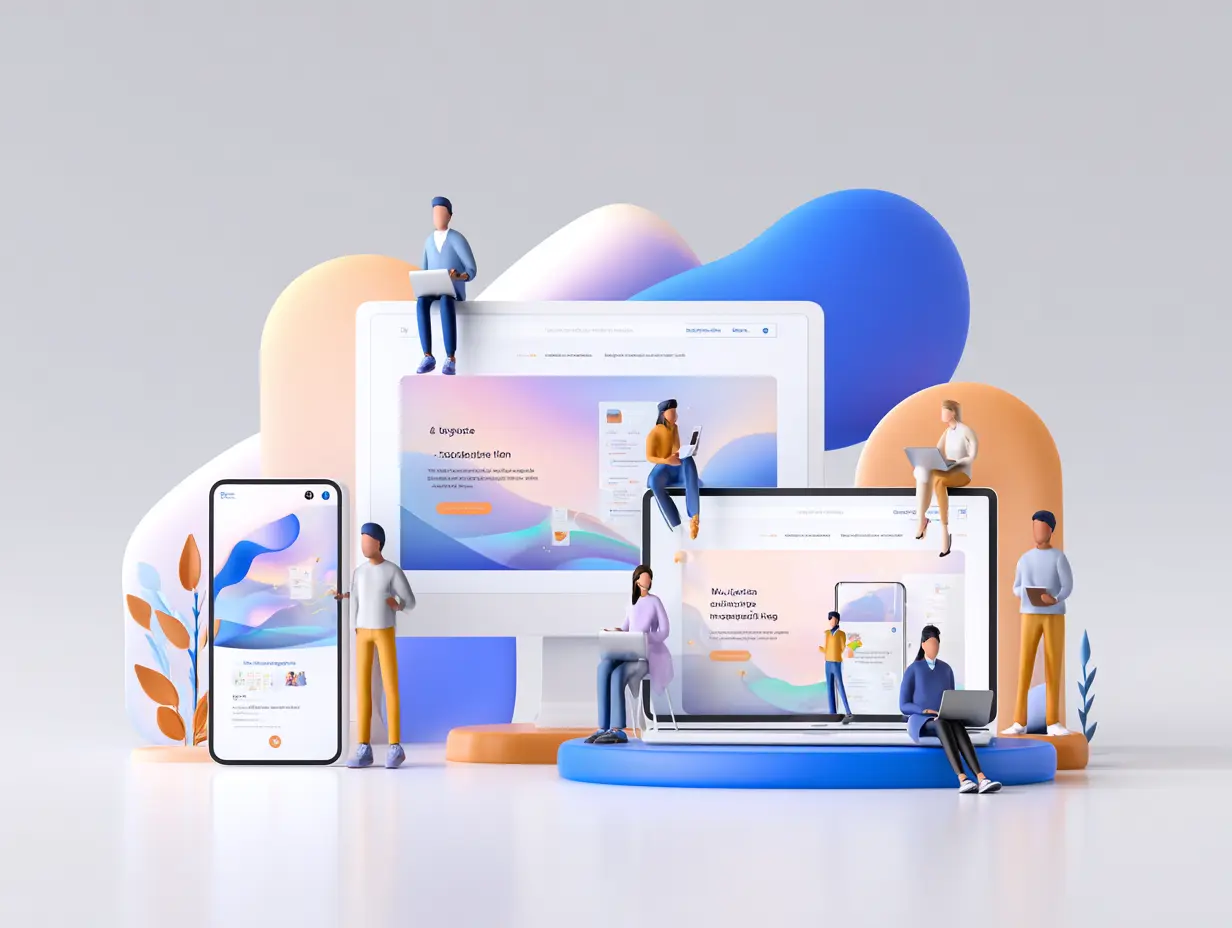 "Modern digital illustration featuring a diverse group of people interacting with oversized mobile devices and website screens in a vibrant, tech-inspired workspace, highlighting responsive web design and digital collaboration."