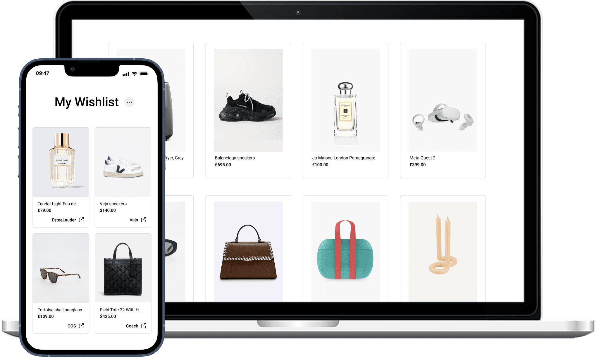 Aesthetically designed online Christmas list containg 8 products from different websites