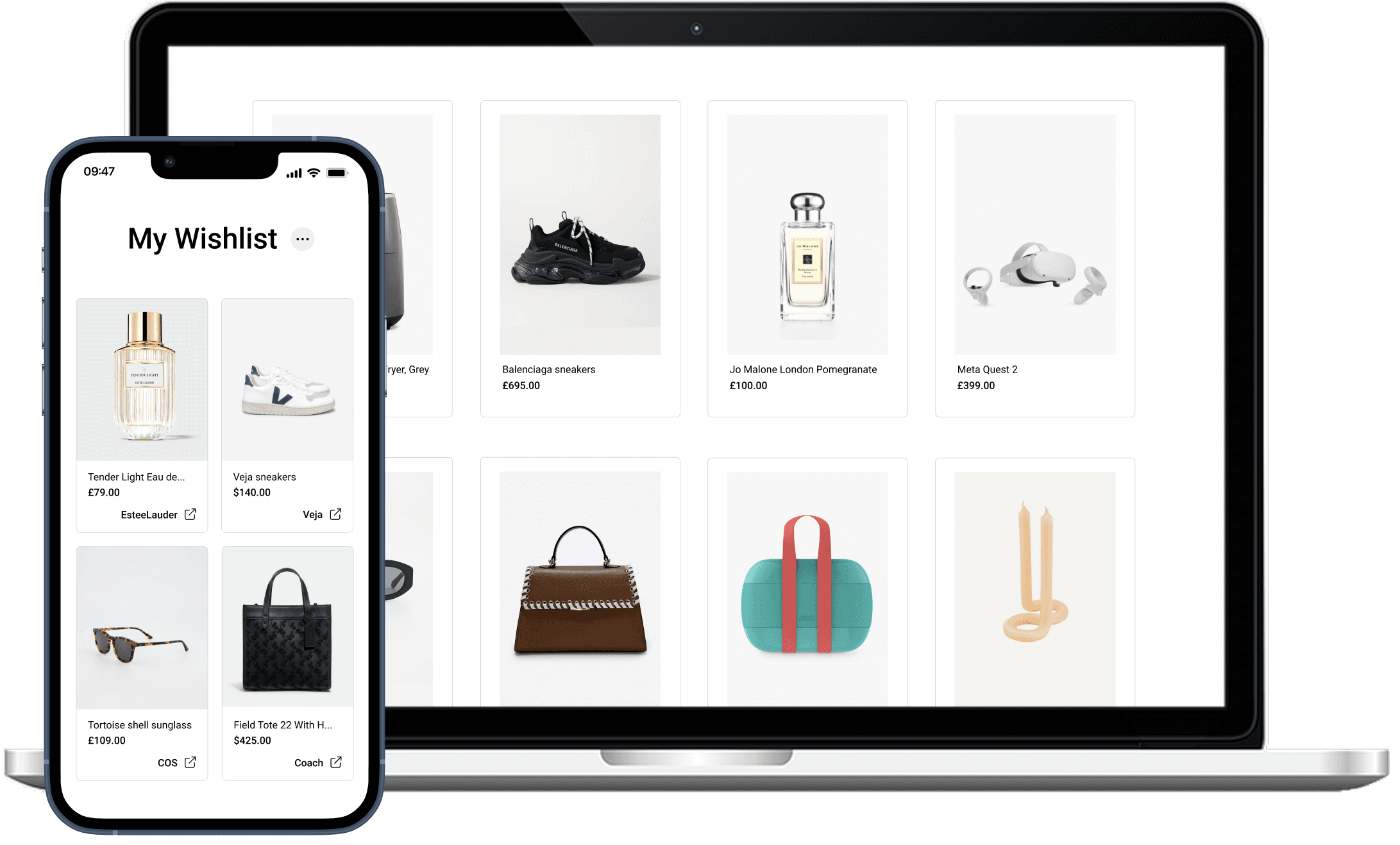 Aesthetically designed online Christmas list containg 8 products from different websites