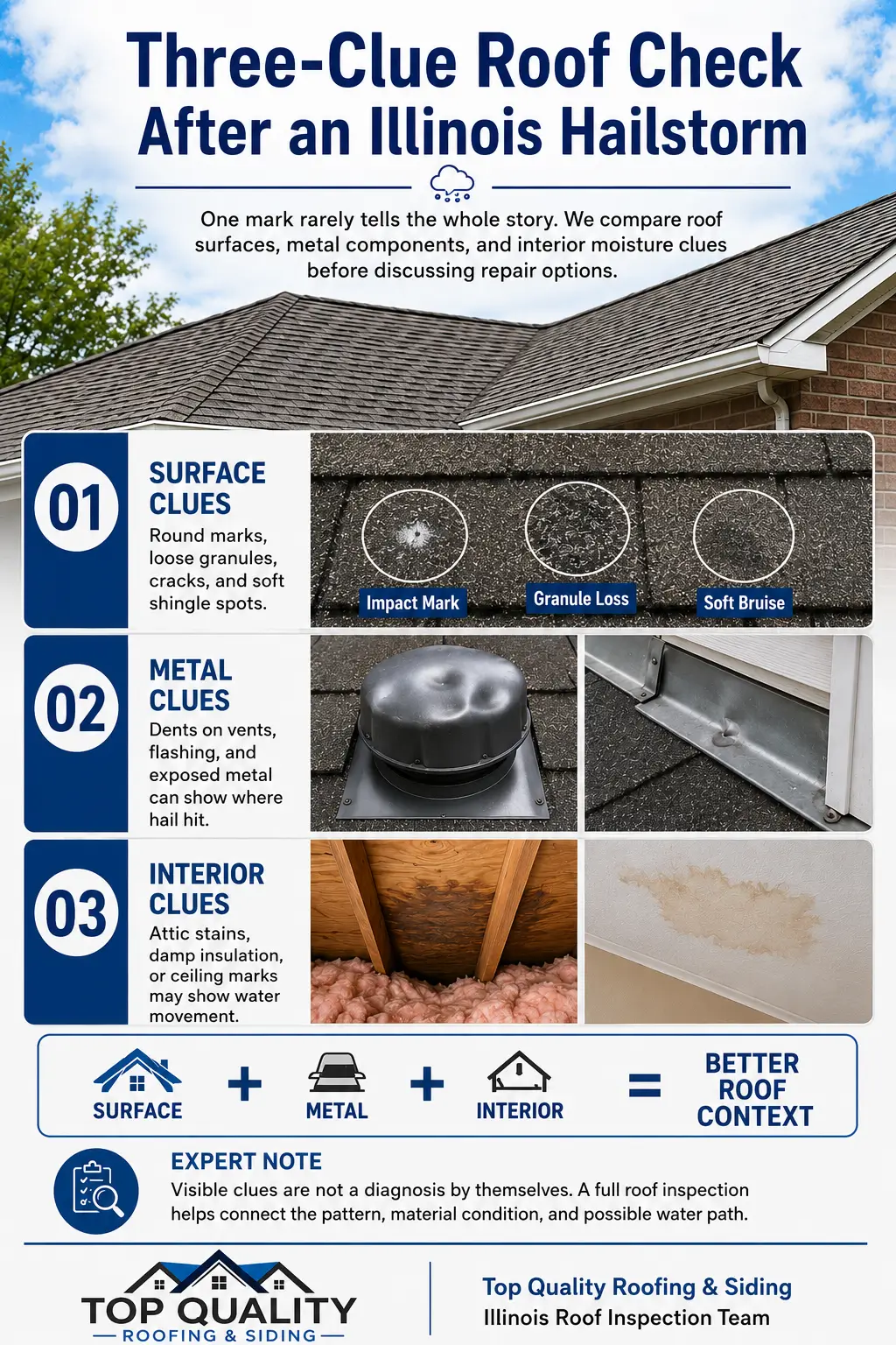 Hail Damage infographic showing shingle surface marks, dented roof metal, and interior moisture clues after storms