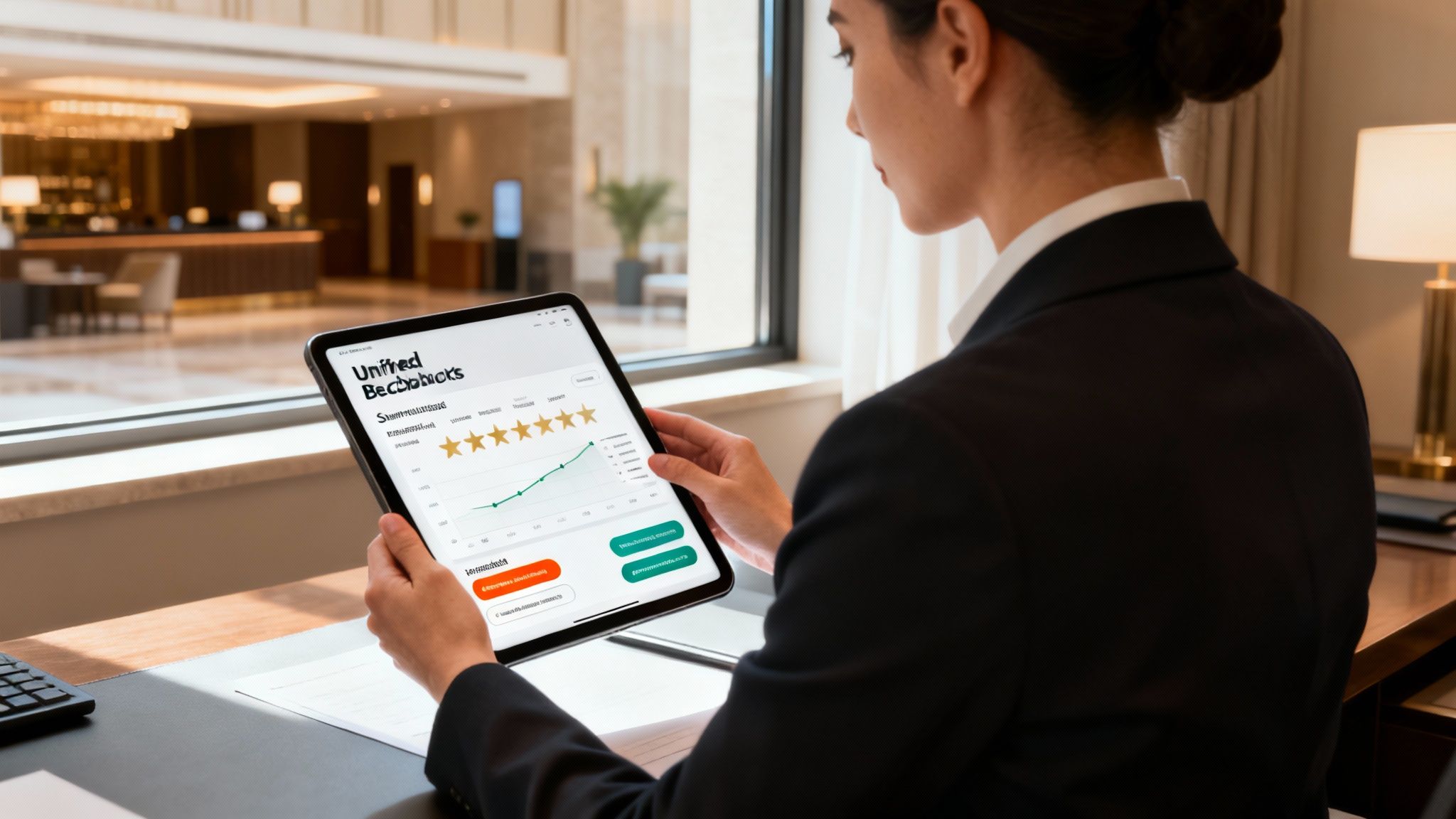 A person views customer feedback data, ratings, and trends on a tablet in a modern business setting.