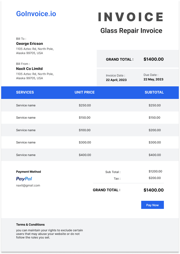 Glass Repair Invoice