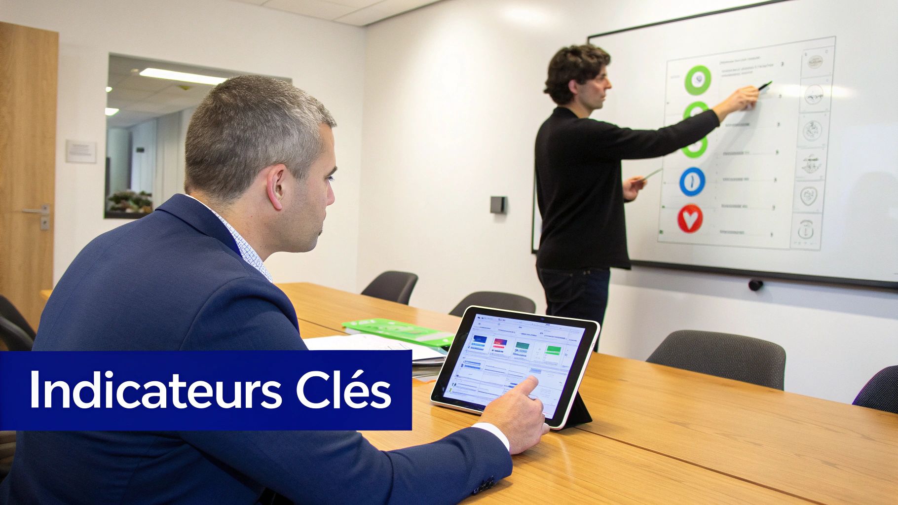 Deux hommes dans un bureau, l'un interagit avec une tablette, l'autre présente des données sur un tableau blanc, affichant des indicateurs clés.