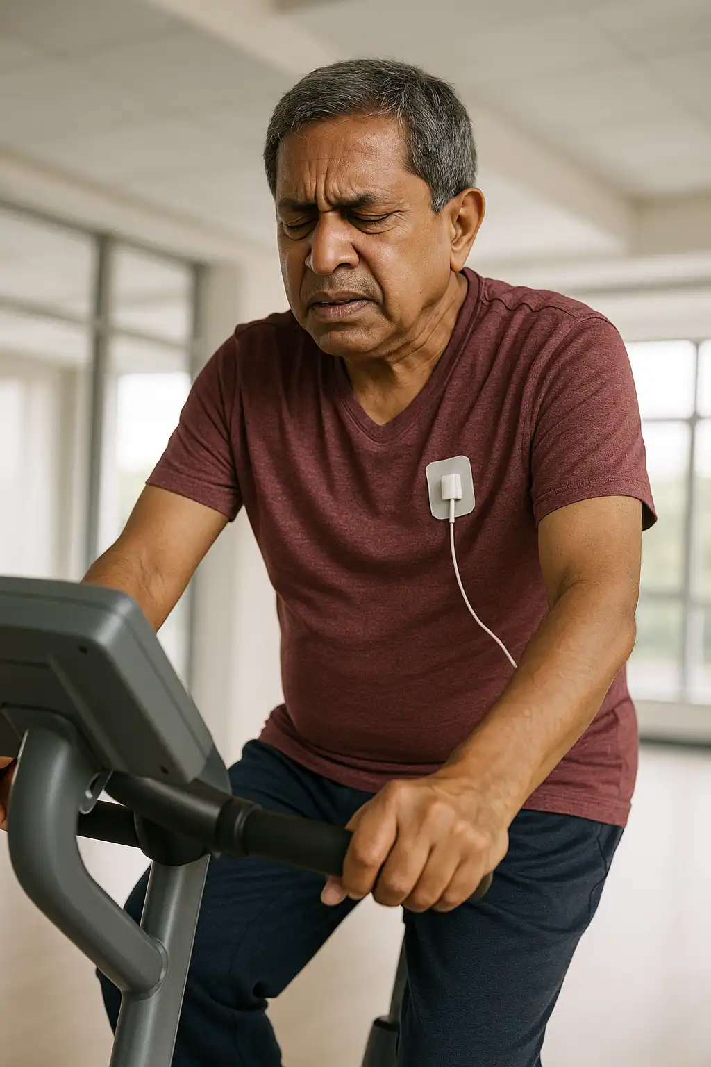 Post-angioplasty rehabilitation – elderly man exercising on a stationary cycle with chest ECG sensor pads, representing early cardiac endurance training after angioplasty.