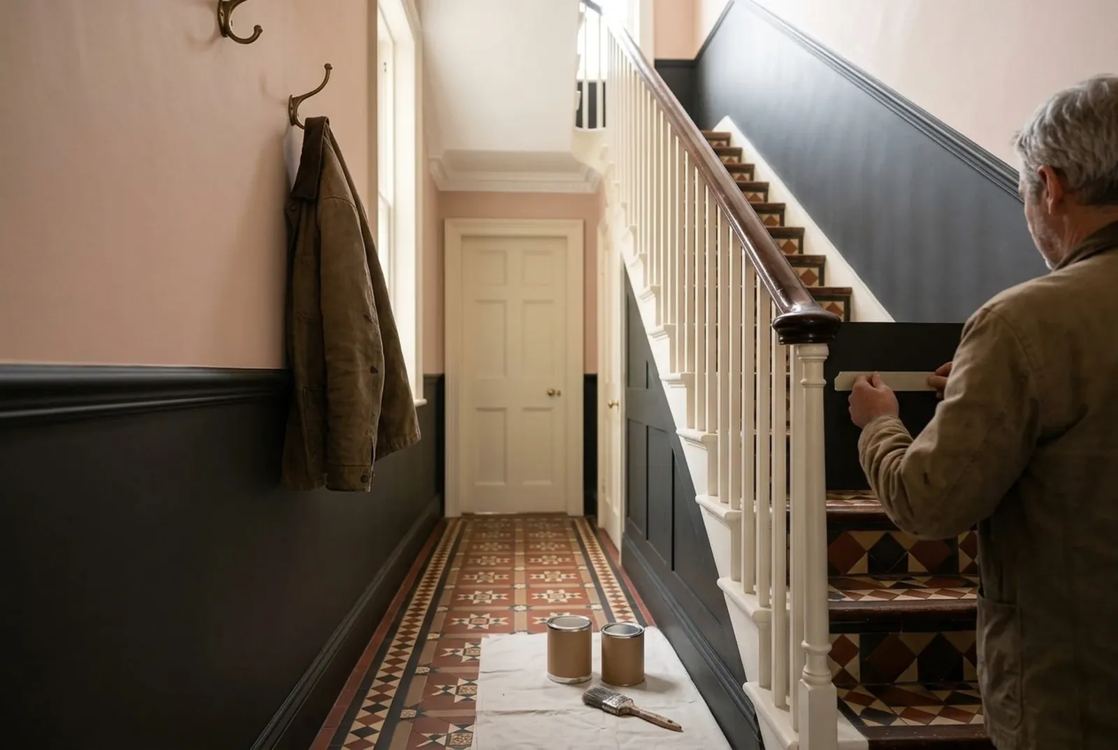 The same hallway after: plaster pink above the dado rail, off-black below, crisp white spindles