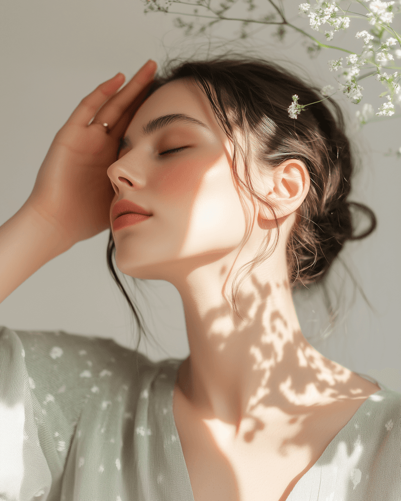 A woman with a white headband relaxing, her face illuminated by warm sunlight filtering through blinds, casting striped shadows. She has a serene and peaceful expression.